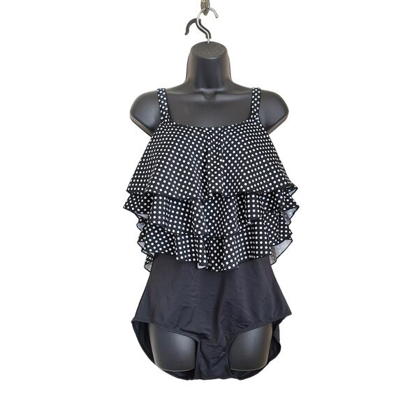 Swim 365 Plus Size 16W Black White Polka Dot Ruffle Top One Piece Swimsuit - Picture 1 of 7